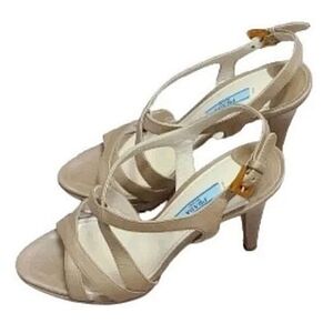PRADA Cream Strappy Open Toe Sandal Buckle Platform  Tan Slingback Heels Size 36